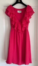 21C CHANEL CORAL  GOLD CC BUTTONS SILK RUFFLE DRESS 34 XS