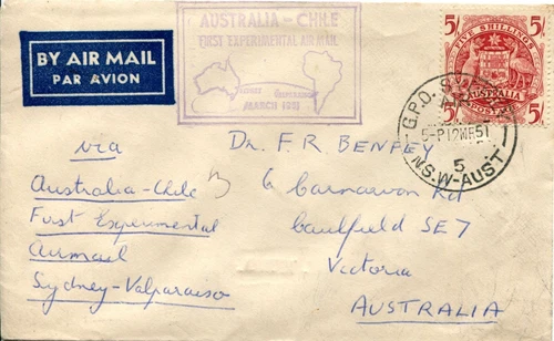 1951 First Experimental Airmail Australia-Chile - Flight cover