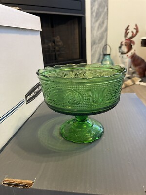 E.O. BRODY CO EMERALD GREEN GLASS COMPOTE PEDESTAL BOWL CANDYDISH VINTAGE. G 3