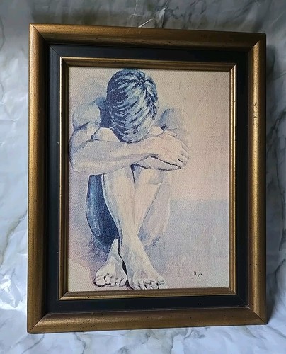 Pintura sobre lienzo Ryer, desnudo sentado, Lambert Studios, marco de madera MCM 60-70s - Imagen 5 de 10