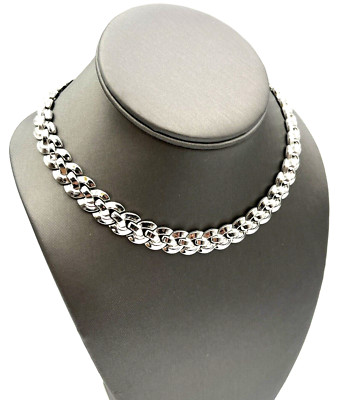 Vintage TRIFARI Pat Pend Ribbon Weave Link Silvertone Collar Necklace 15''