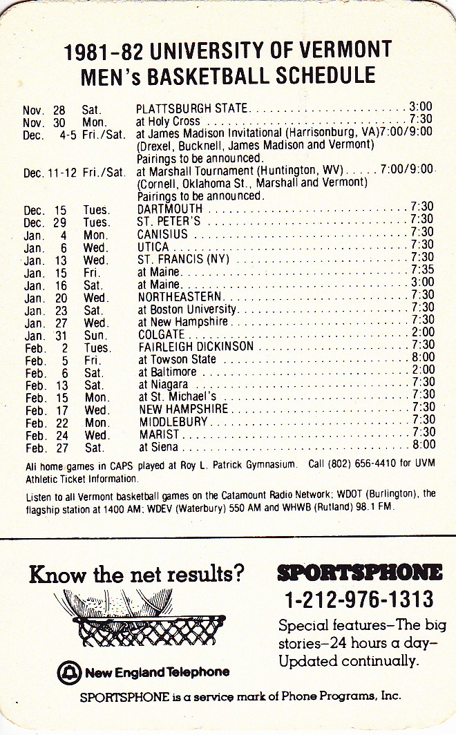 1981-82-university-of-vermont-catamounts-basketball-pocket-schedule-ebay