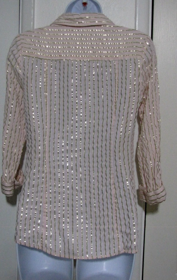 Anne Klein 全拉链衬衫粉色带金色金属条纹 2/3 袖 Wm's XS — 第 4/4 张图片