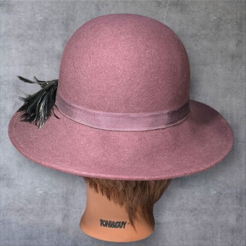 Fedora Hut aubergine lila 100% Wollfilz schwarz Federdetail Band - Bild 3 von 7