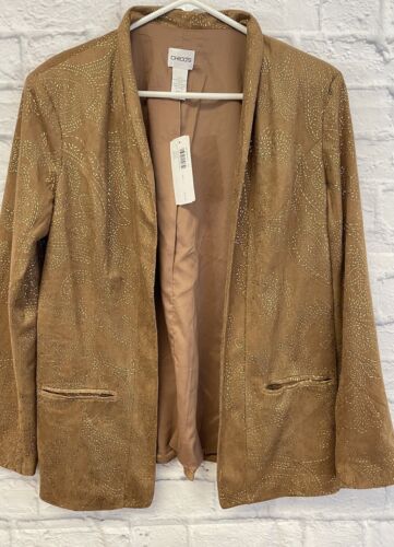 NEW Chicos faux suede blazer Size 2 women large embellished beige gold jacket - Picture 2 of 8