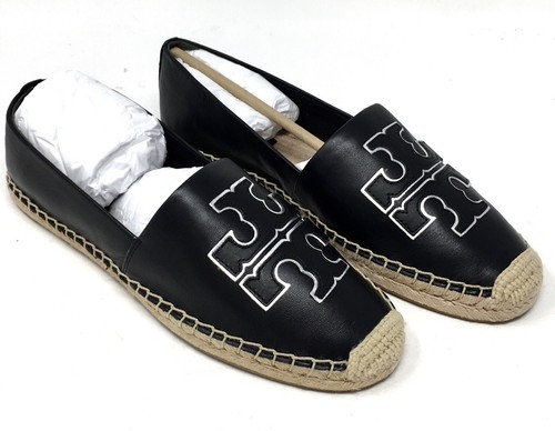 Tory Burch Ines Alpargata Cuero Plano Negro Plata Zapatos EE. UU. 8 NUEVO EN CAJA - Imagen 3 de 15