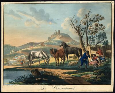 4 seltene antike Drucke-VIER JAHRESZEITEN-PFERD-KUH-VIEH-LANDSCHAFT-Steen-Berghem-1820