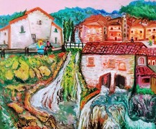 QUADRO SENZA CORNICE TEMPERA SU TELA: "CASE CON CASCATA"