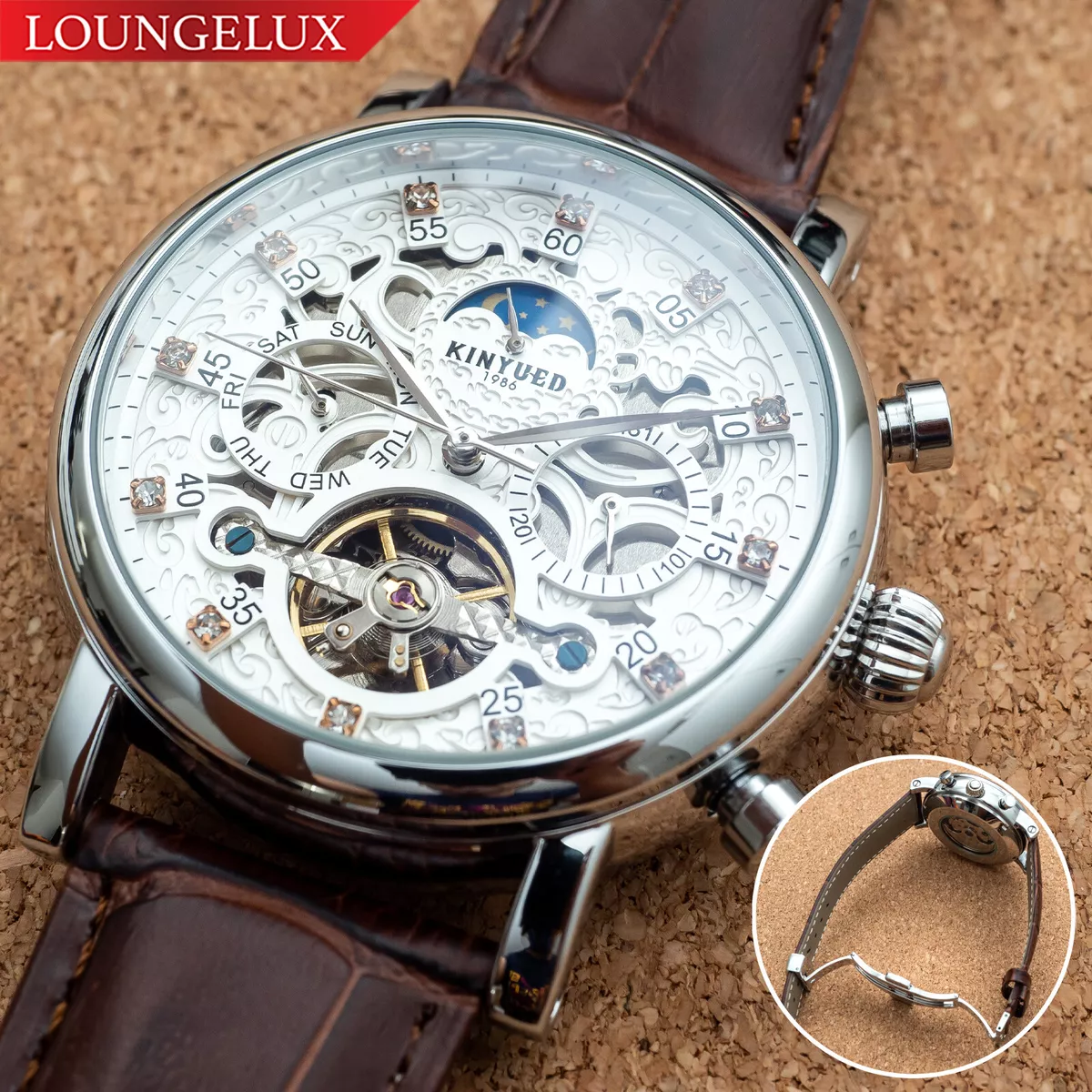 Mens Automatic Mechanical Watch Date Day Silver White Brown