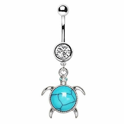 Body Accentz Belly Button Ring 316L Stainless Steel Turquoise Turtle Dangle Nave