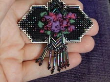 FLORAL BROOCH, Handcrafted Ribbon Flowers, Beaded Black & Indigo, Irridescent 3"