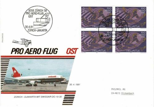 SWITZERLAND HELVETIA 1981 50TH ANN SWISSAIR ZURICH TO JAKARTA FLOWN COVER