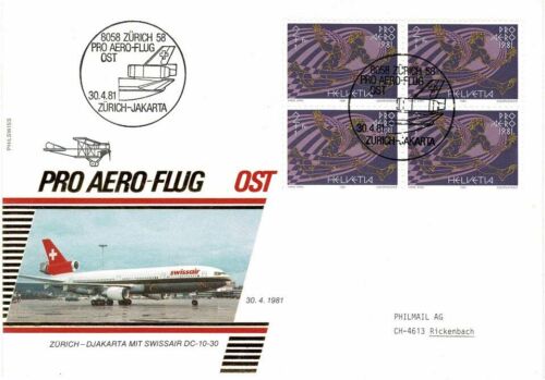 SWITZERLAND HELVETIA 1981 50TH ANN SWISSAIR ZURICH TO JAKARTA FLOWN COVER - Picture 1 of 1