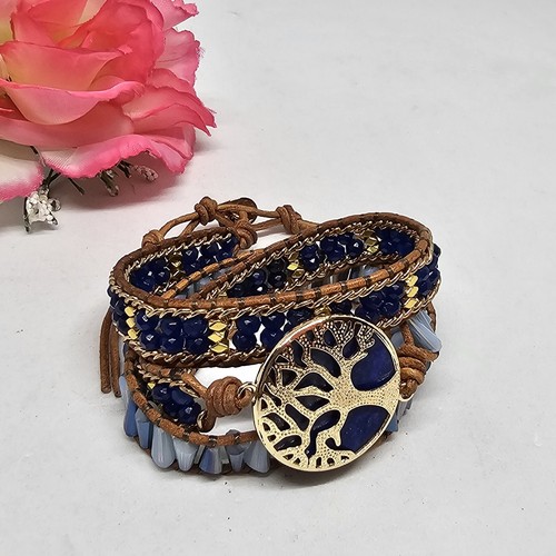 Blue Bracelet Tree of Life Lapis Lazuli Crystal Glass Beaded Beige Leather Wrap - Picture 14 of 18