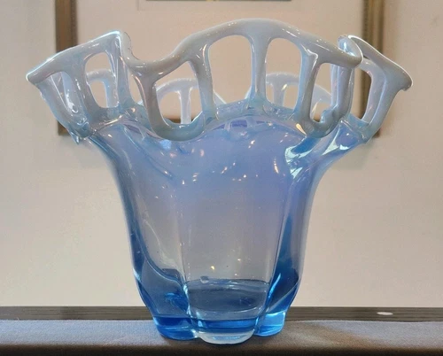 Duncan Miller Canterbury Evolving Blue Open Lace Rim OPALINE  Art Glass Vase  7"