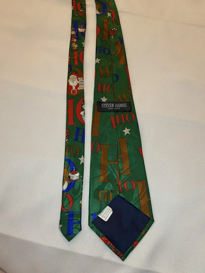 Men's Christmas Neck Tie Fun Ho Ho Holiday Santa & Friends Green Necktie - Image 2 of 2
