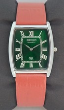 Working Seiko Slim Tank Roman Green Dial SS Case Men's Wrist Watch Leather Band
