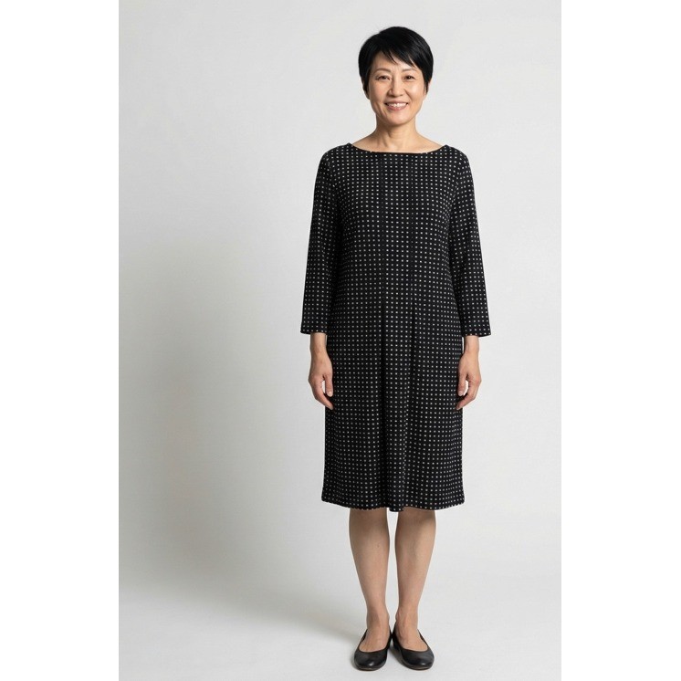 J Jill Wearever Black Geometric Print Dress Large Pleated Midi Knit 3/4 Sleeves