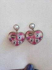 DANGLING PINK WHITE XXO PUFFY HEARTS PEARL POSTS Betsey Johnson Pierced EARRINGS