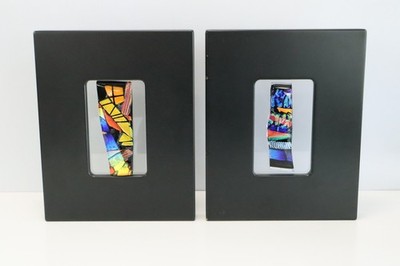 PAIR Signed Jasmine B Fused Dichroic Glass Abstract Wall Art Panels Modern Pair