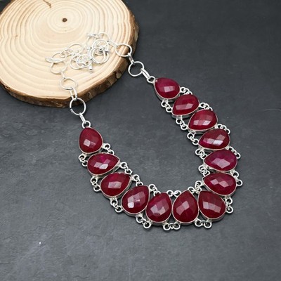 Kashmir Red Ruby Gemstone Handmade 925 Sterling Silver Jewelry Necklace 18''