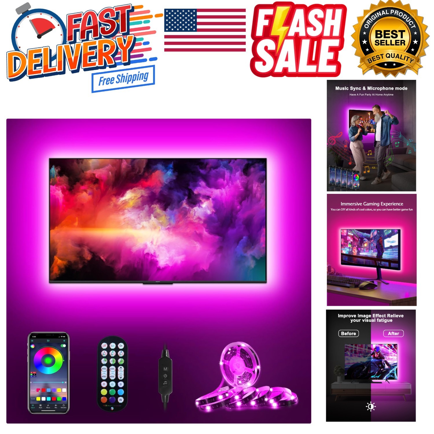 Dynamic 9.8ft RGB LED Strip for 32''-60'' TVs with Music Sync and Remote Control