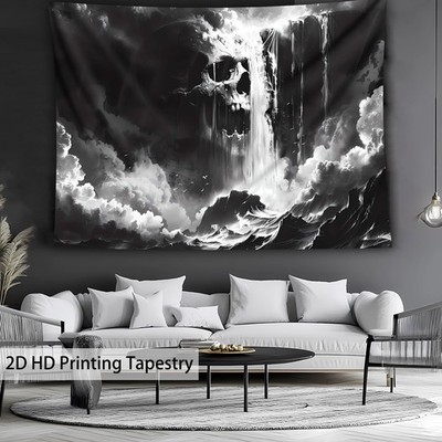 2D Flat, 1pc Black and White Skull Waterfall Landscape Wall Tapestry - 2D Flat B