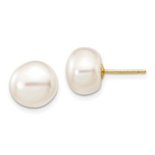 14k Yellow Gold 9-10mm White Button Freshwater Cultured Pearl Stud Post Earrings