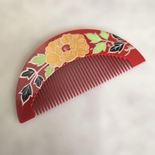 Japanese Hairpin Comb Red Lacquered Peony Mother-Of-Pearl Craftwork Kanzashi K