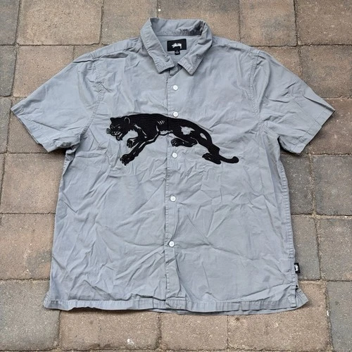 Stussy Men’s Short Sleeve Grey Panther Embroidered Button Up Shirt Small SS18 - product listing photo