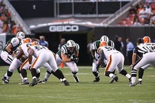 Guard Alan Faneca New York Jets opens a hole as the Cleveland Bro- 2008 Photo 1