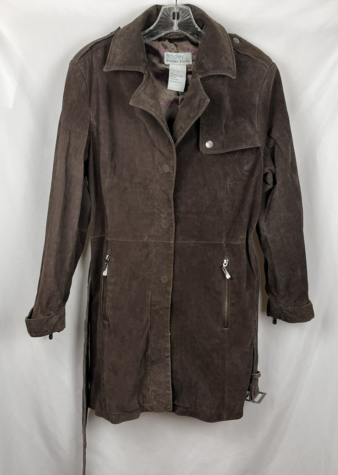 VTG Bradley Bayou Brown Suede Leather Trench Coat Belted Y2K Outerwear Size S