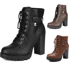 Women Lace Up Booties Chunky Block High Heel Ankle Boots Combat Boots
