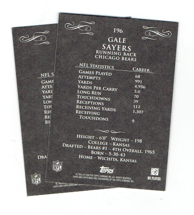 (2) GALE SAYERS 2008 Topps Mayo Card Lot #196 Bears  - Image 2 of 2