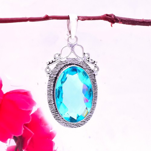 Dazzling Blue Topaz Gemstone 925 Sterling Silver Handmade Pendant A-129 - Picture 2 of 3
