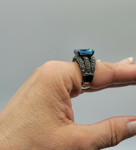 ANILLO VINTAGE TALLA 8 PLATA ESTERLINA 925 DIAMANTES DE IMITACIÓN AZUL MARCASITA JOYERÍA PRECIOSO - Imagen 6 de 10