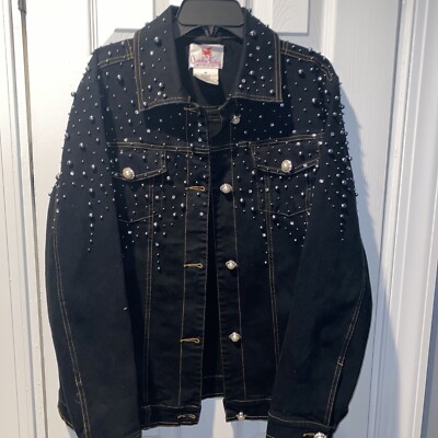 QUACKER FACTORY DENIM JACKET Pearl Like Beads All Over Large Bling Buttons  XS