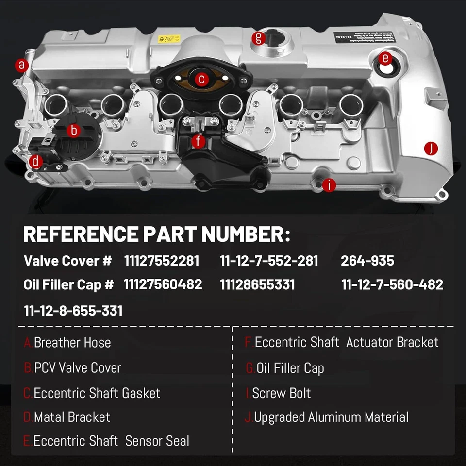 Cubierta de válvula de aluminio para BMW N52 E70 E82 E90 E91 328i 528i 128i X3 11127552281 Foto 2 de 4