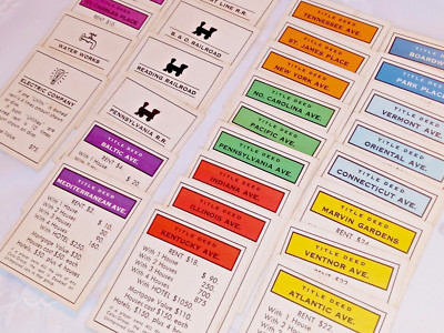 Vintage MONOPOLY Replacement PROPERTY CARDS -YOU SELECT; Parts 2-5/8 x 3''