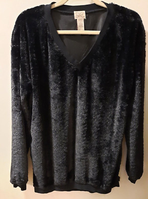 Eyelash Couture Women's XL Black V-Neck Tunic Pullover Plush Faux Fur Pockets