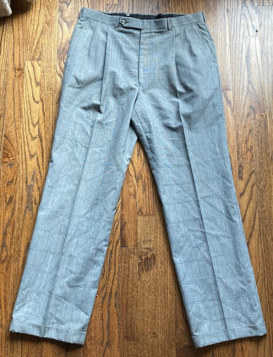 Pantaloni eleganti Burberrys vintage uomo taglia 36x32 grigi a quadri con polsini pieghettati