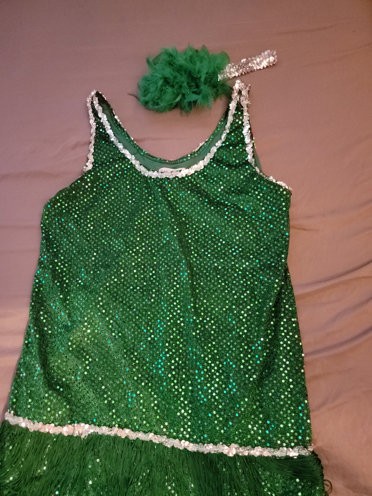 Womens XL Sequin & Fringe Green Flapper Costume with … Gem