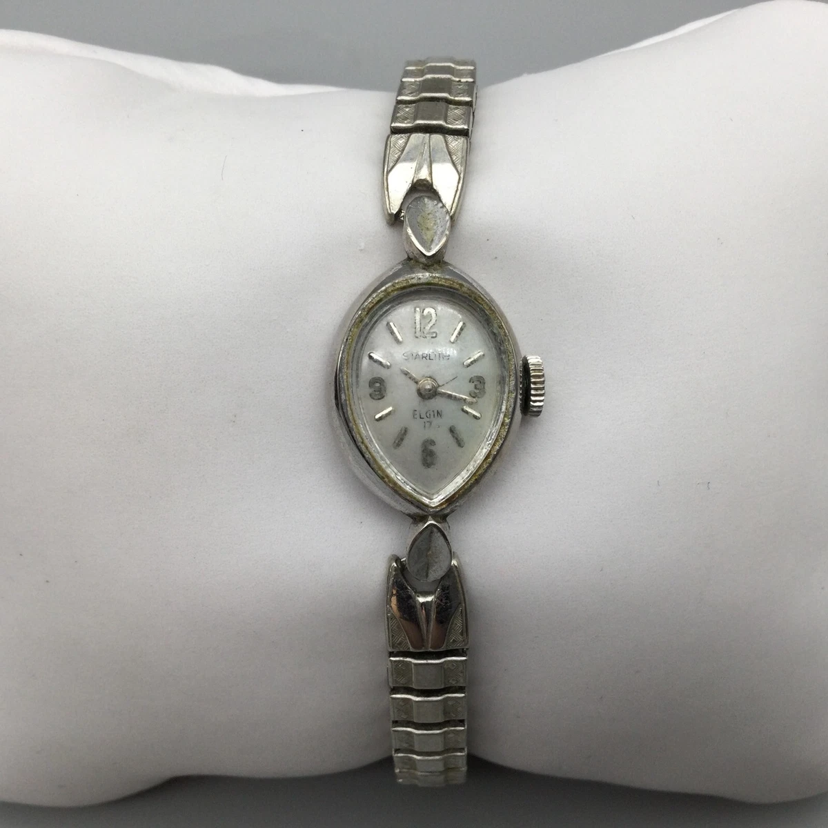 Vintage Elgin Starlite Watch Women Silver Tone Cocktail Stretch