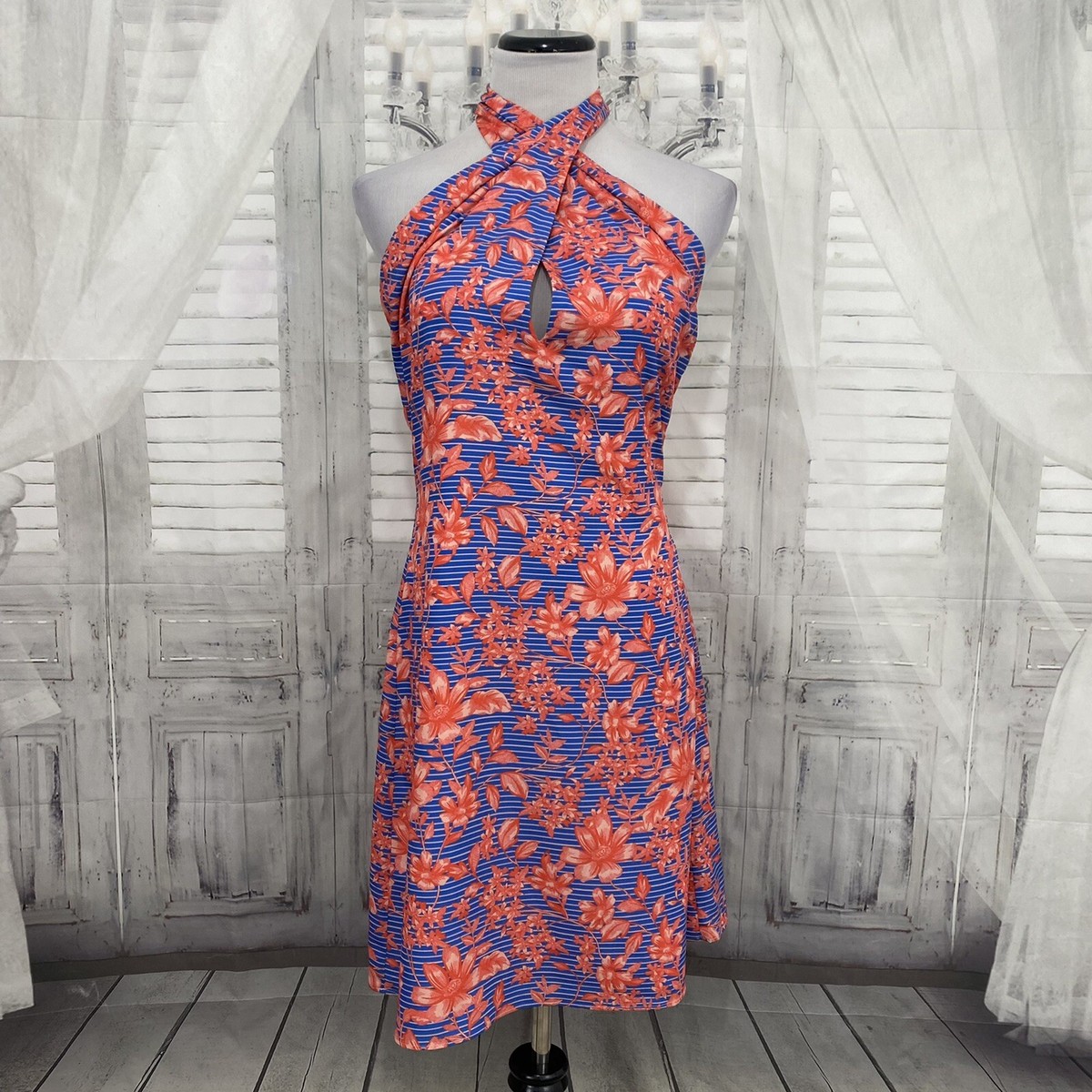Belle Badgley Mischka Size 8 Blue Pink Delilah Floral Halter Dress Open  Back B15
