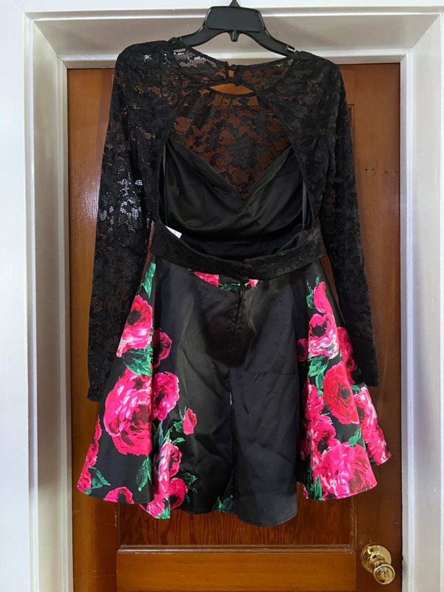 CUTE B Darlin 2 Piece Dress Black Pink Florals Long Sleeve Lace Top Size 11/12 CUTE B Darlin 2 Piece Dress Black Pink Florals Long Sleeve Lace Top Size 11/12