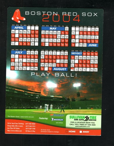 Boston Red Sox 2004 Magnet Schedule Sullivan Tire