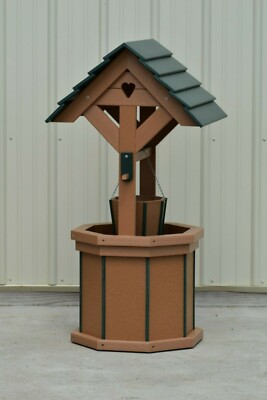 4 Foot Poly Wood Wishing Well With Planter Bucket Carmel And Green Well Cover Ebay