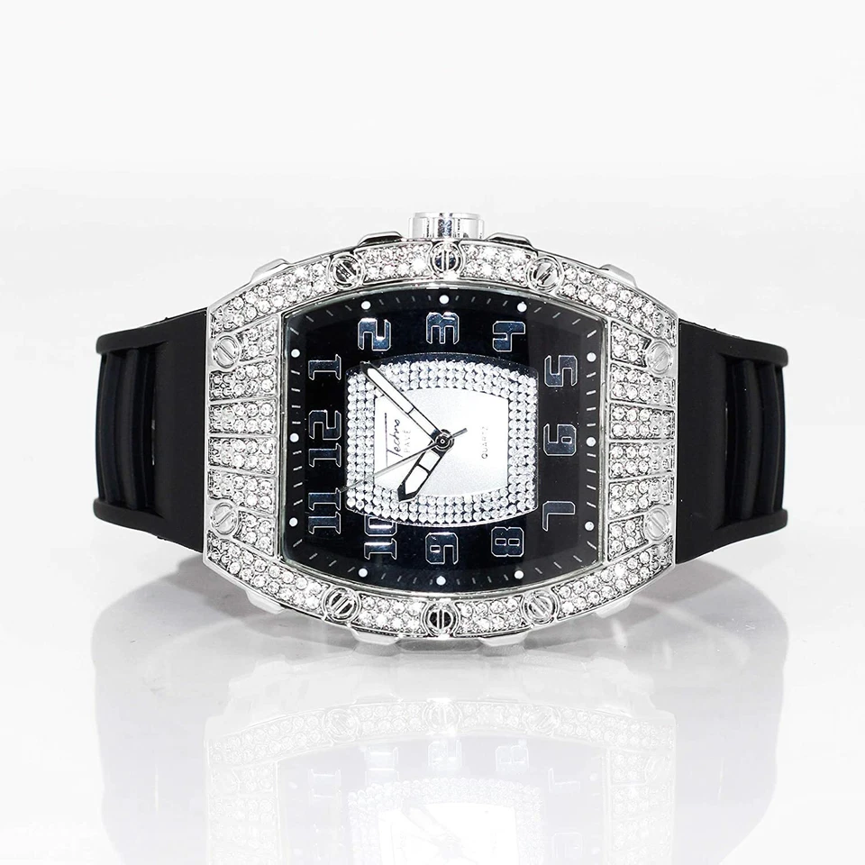 Reloj Hombre Helado Bling Rapero Plateado Simular Laboratorio Diamante Goma Lujo Rectángulo Foto 2 de 4