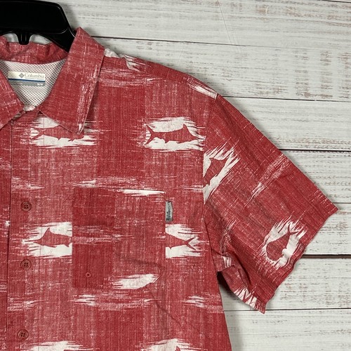 Columbia PFG Shirt Mens Vented Button Up Medium Red Fish Graphic Cotton Short Sl - Picture 2 of 10