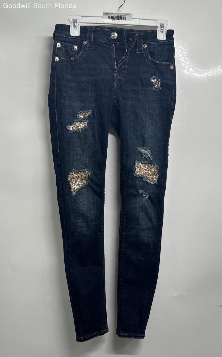 True Religion Womens Blue Denim Dark Wash Distressed Skinny Leg Jeans Size 27